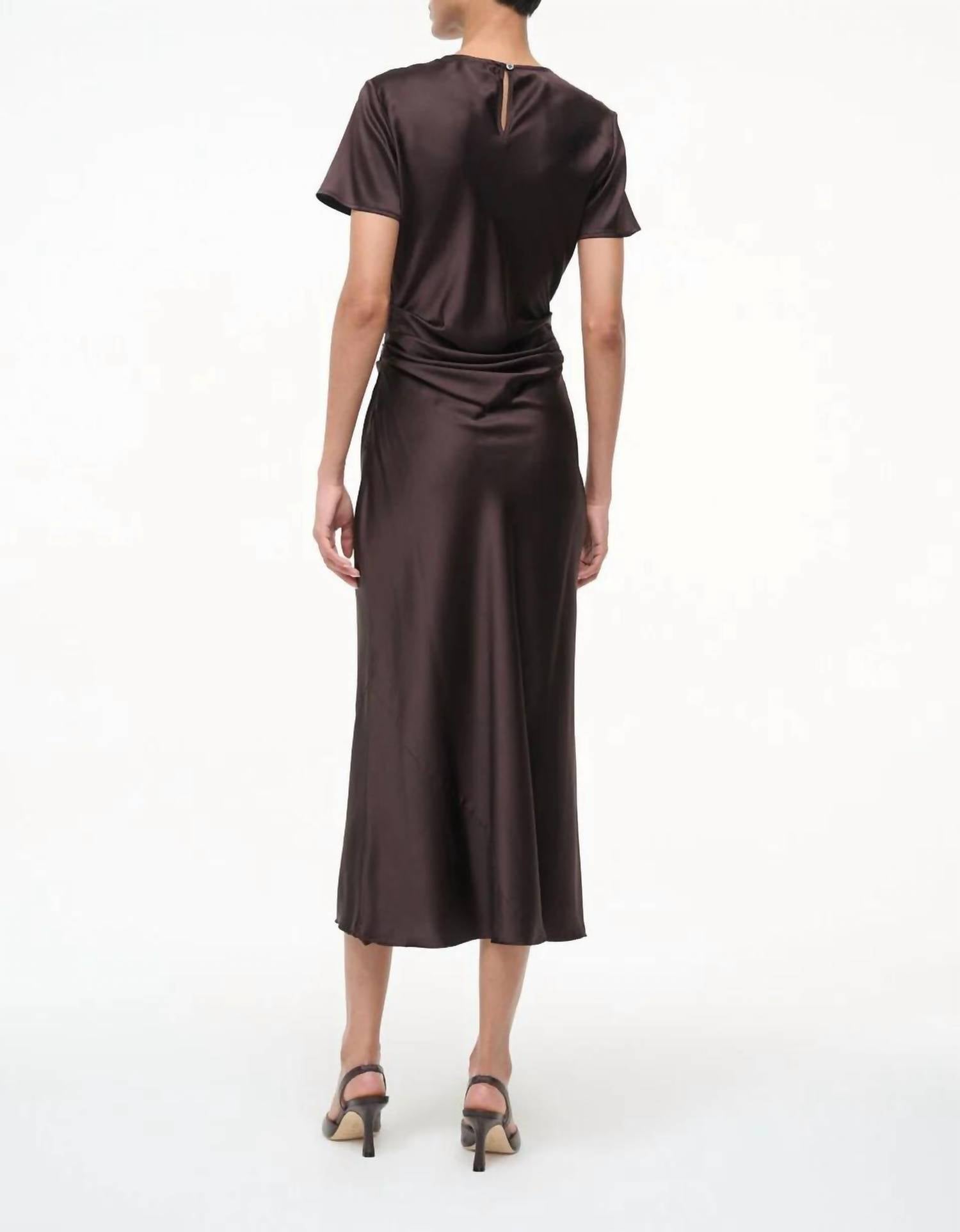 STAUD Marcel Silk Midi Dress in earth 1 - women's dress - detail view