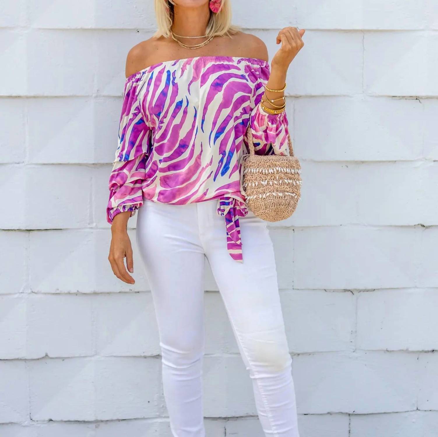 la mer luxe Chloe Top in white multi - women's shirt - detail view