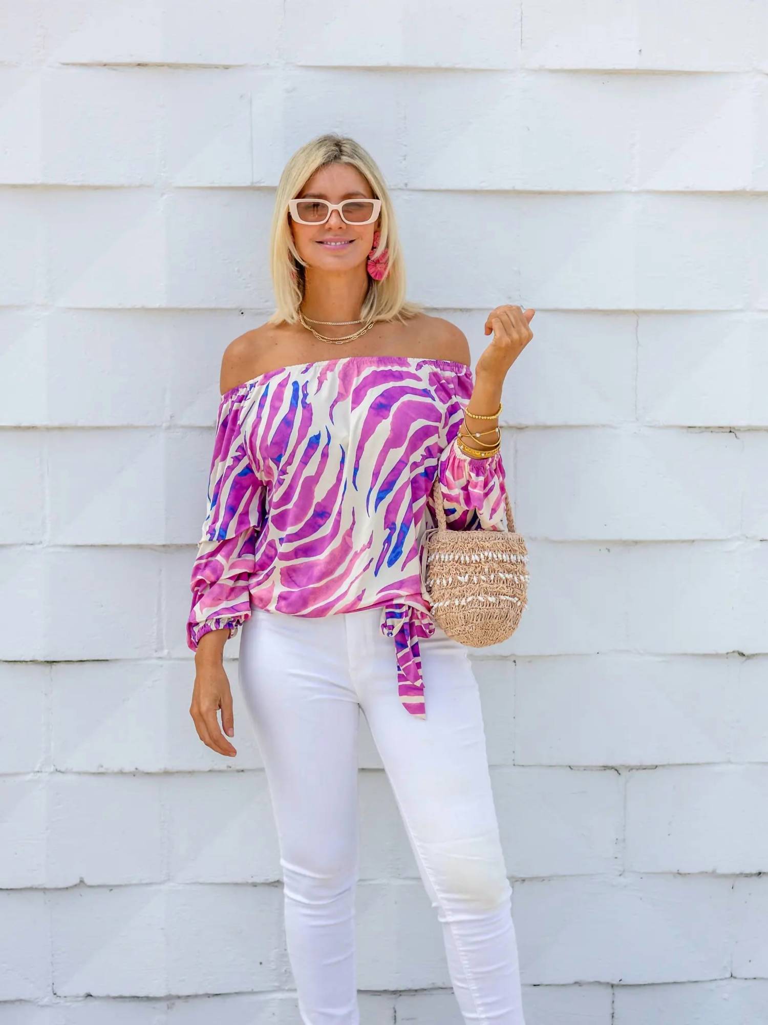 la mer luxe Chloe Top in white multi - women's shirt - alternate view