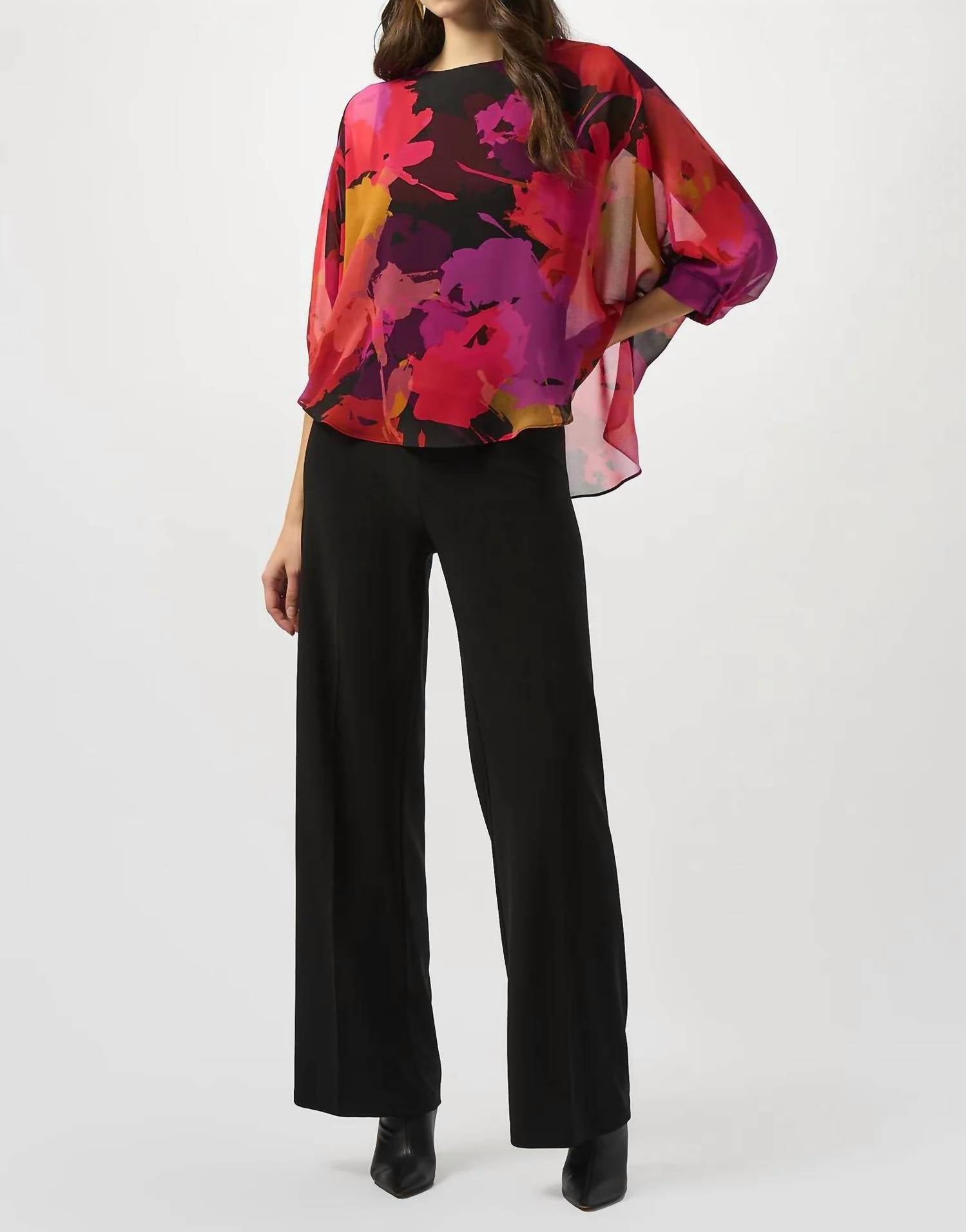 Joseph Ribkoff Floral Print 3/4 Sleeves Chiffon Top in black multi 1 - women's blouse