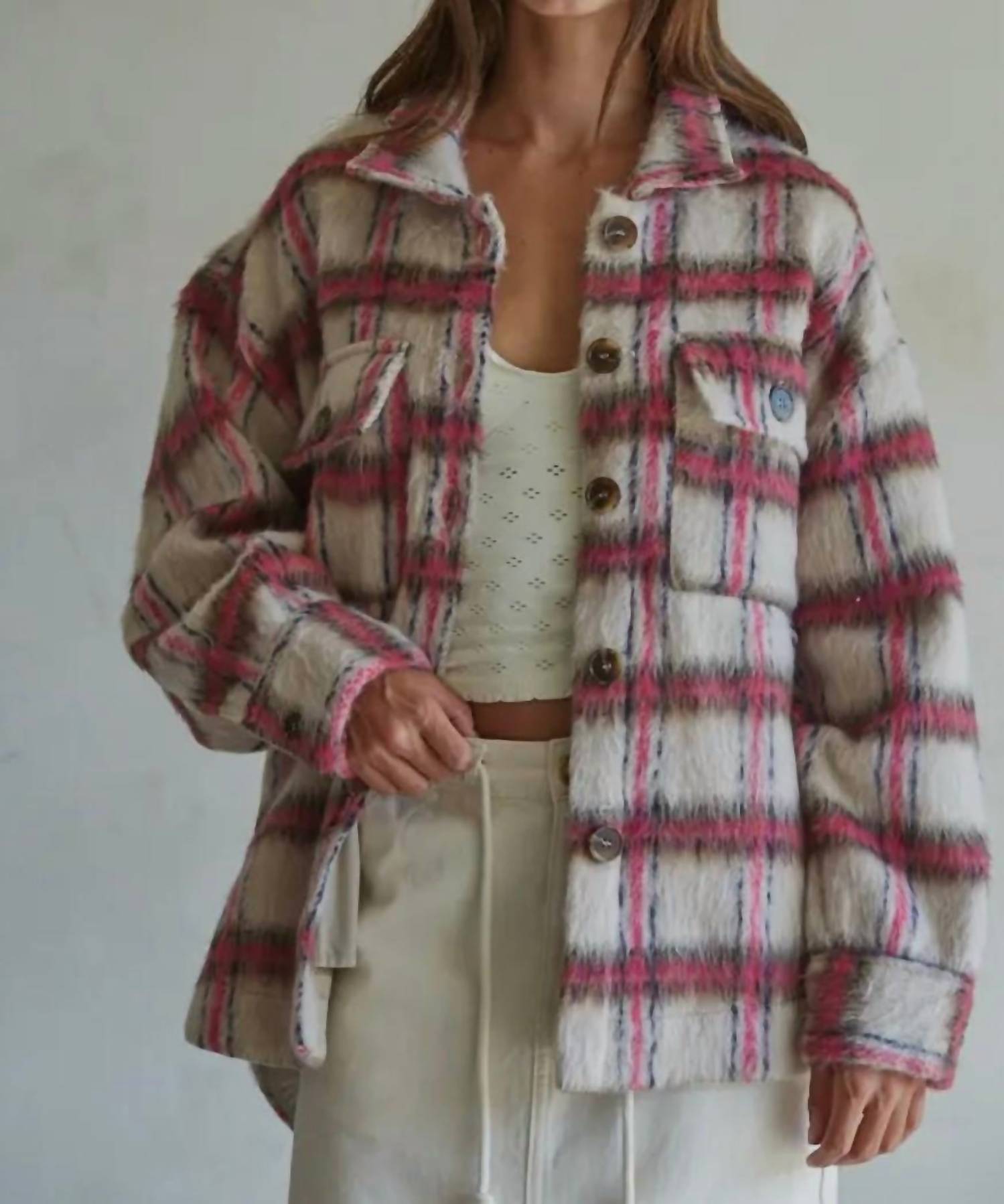 By Together - Plaid Buttondown Jacket With Back Fringe Detail
