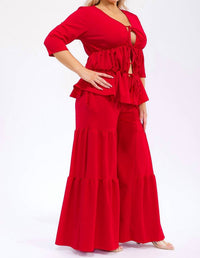 Karen T Design - Hollow Lace Up Top And Spliced Wide Leg Pants