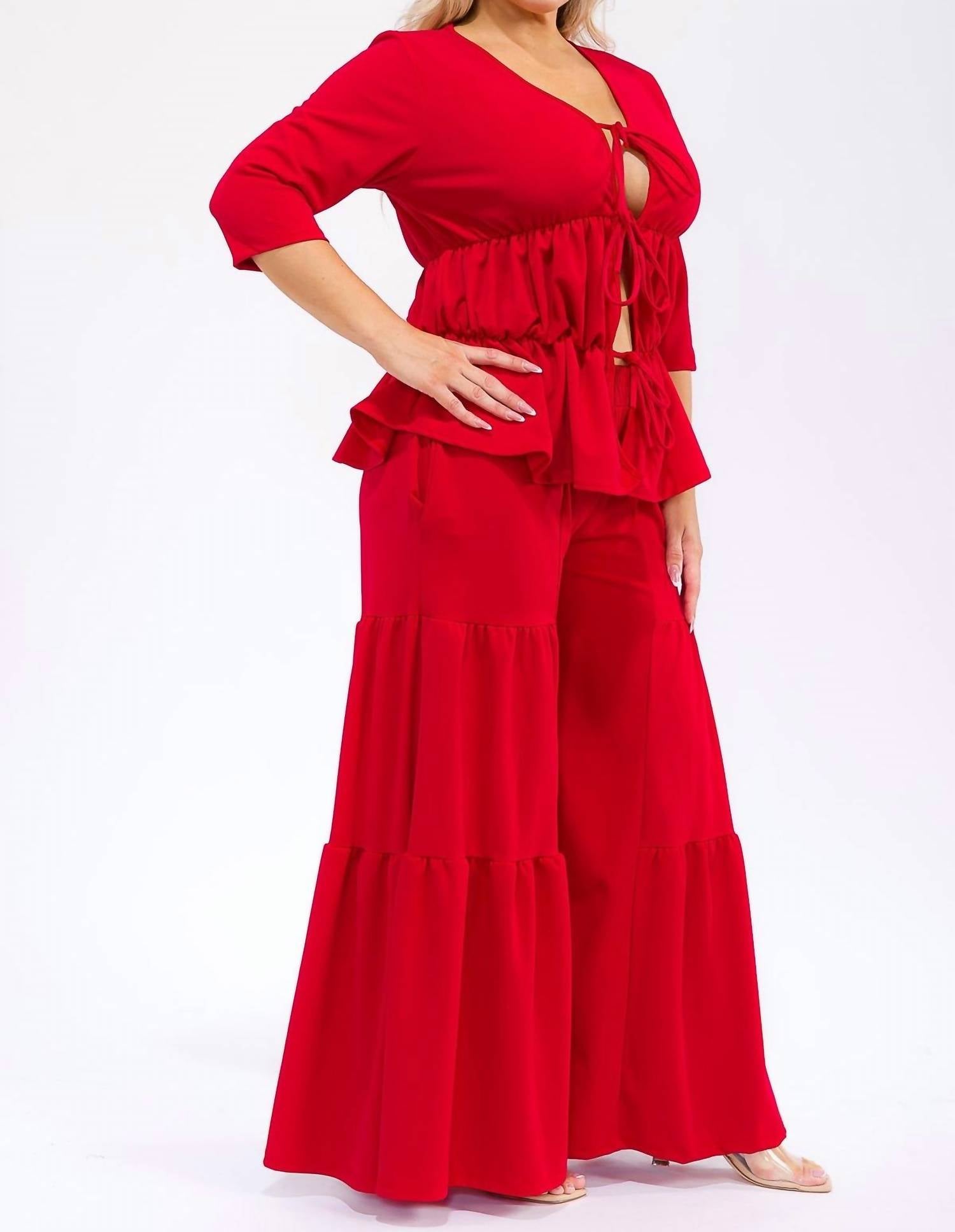 Karen T Design - Hollow Lace Up Top And Spliced Wide Leg Pants