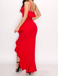 PRIVY High Low Ruffle Dress in red - women's dress - detail view