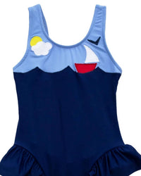 Florence Eiseman Girl's Sailboat Peplum One-piece Swimsuit in blue - kids' item - detail view