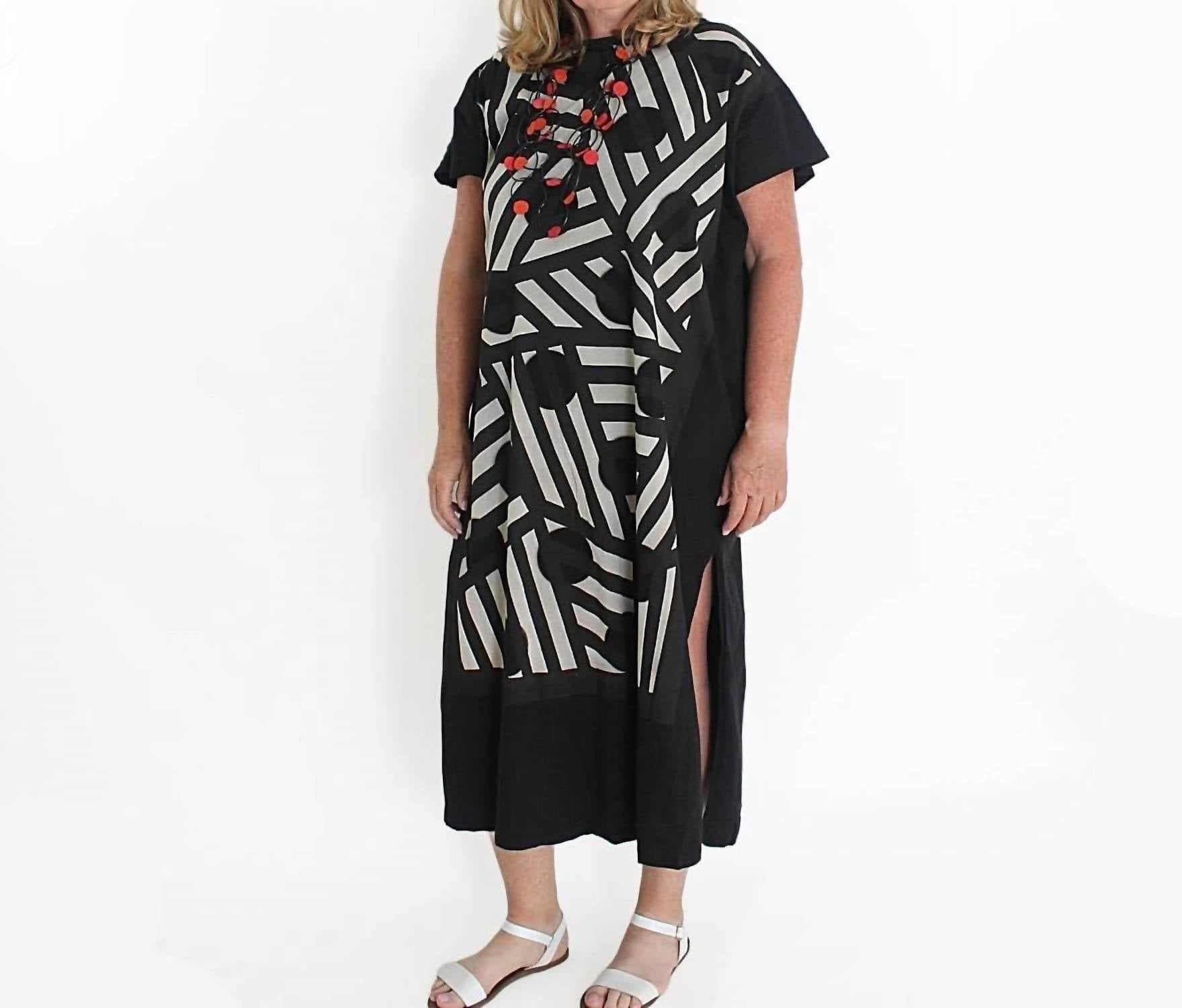 Sylca Designs - Geometric Stripe and Dot Design Caftan Dress