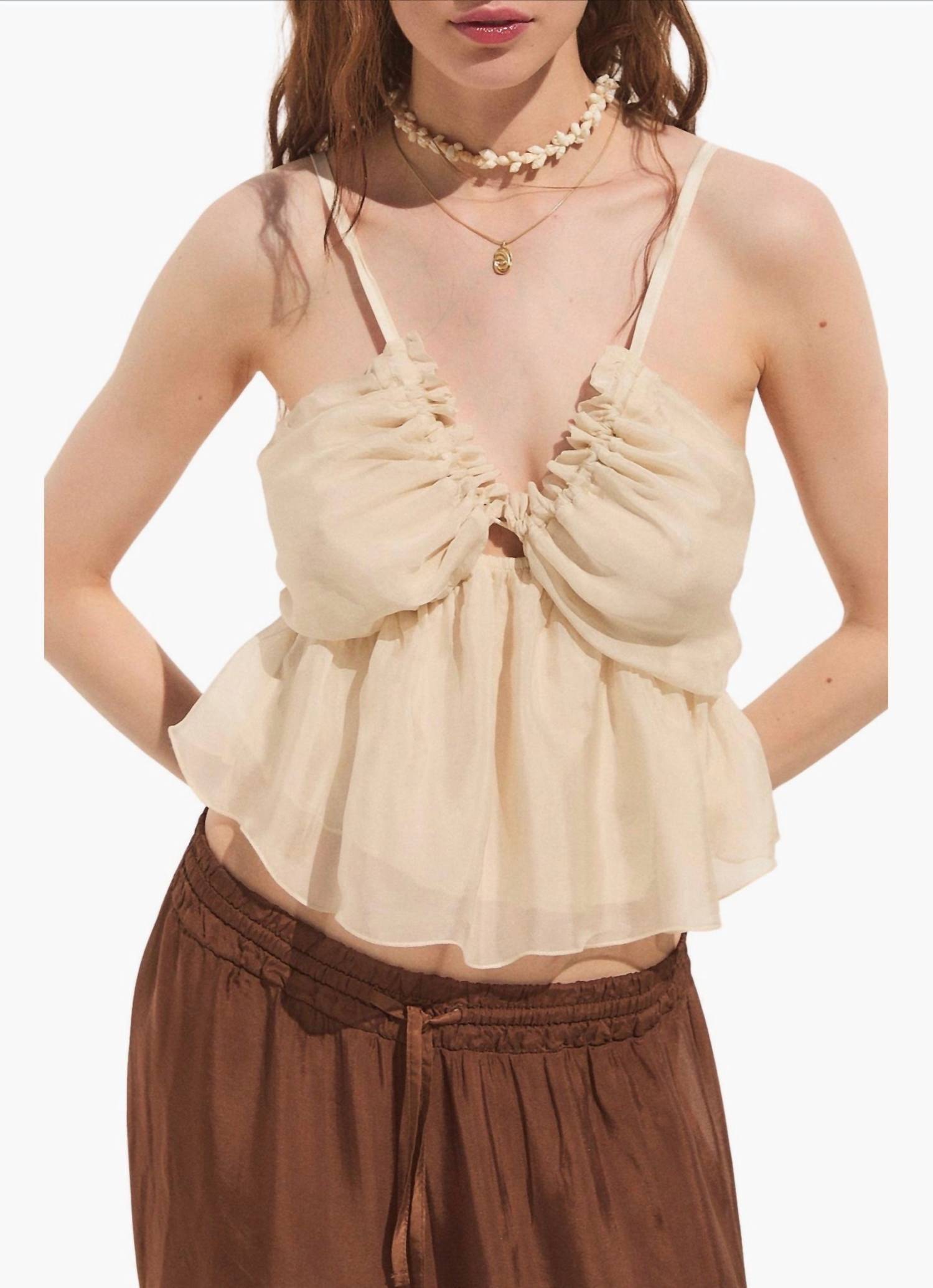 DELUC Bacio Smocked Ruffle Camisole Top in cream - women's shirt