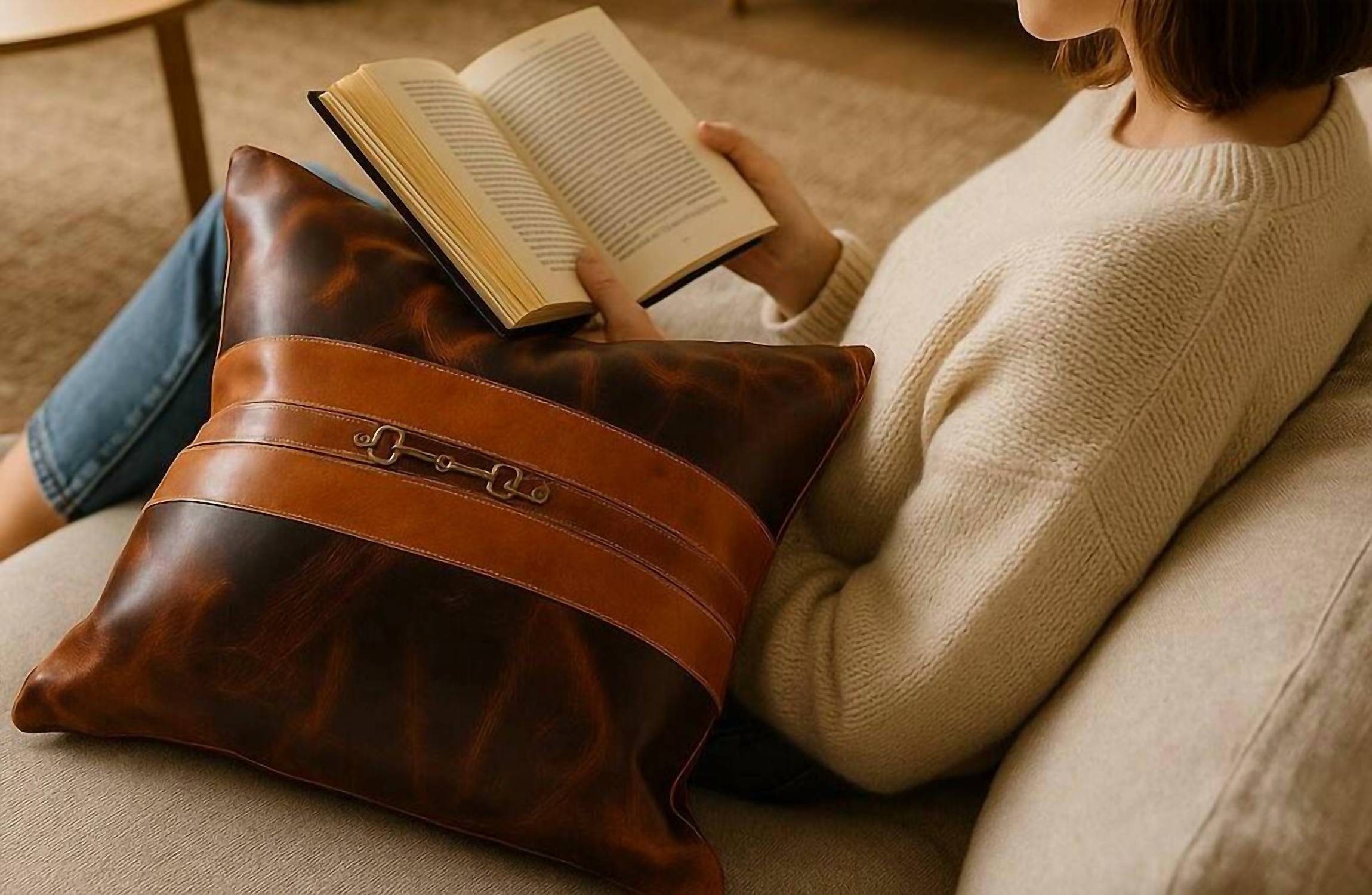 Equipage Snaffle Bit Leather Pillow Cover in brown - item - view 5