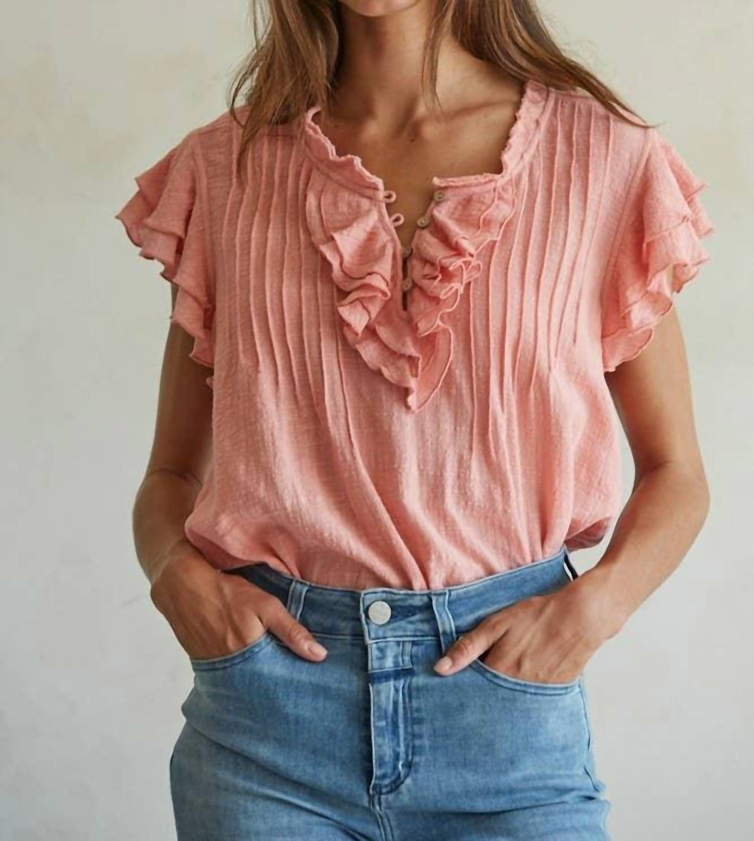 By Together - Woven Cotton Linen Button V-Neck Short Sleeve Top