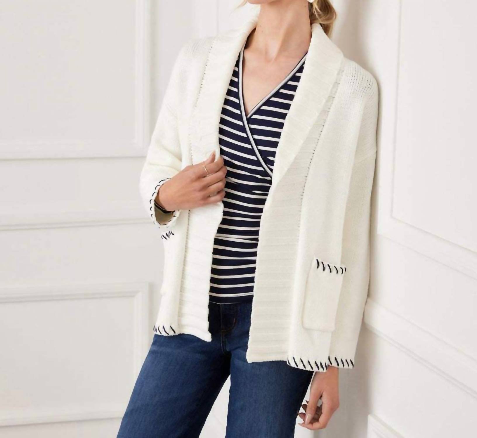 Karen Kane Contrast Stitch Open Front Cardigan Sweater in off white with navy - women's cardigan - view 6