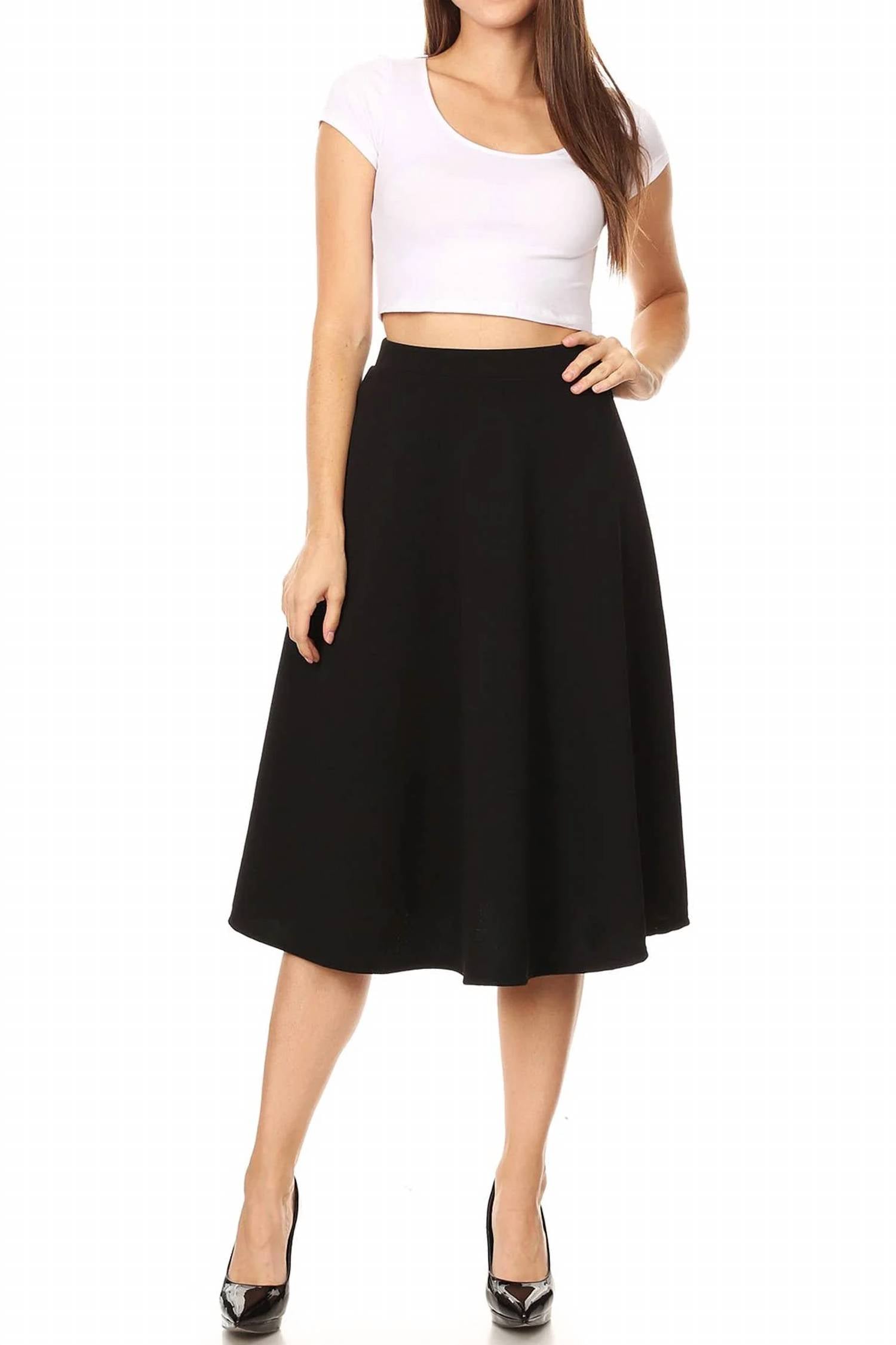 Moa Collection - Women's Solid Basic Casual A-line Flared Midi Skirt