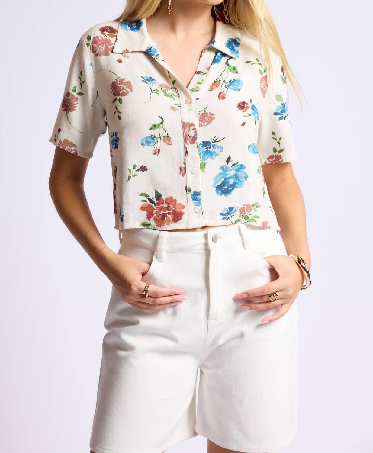 SAGE THE LABEL Pressed Flowers Cropped Shirt in natural multi - women's shirt - detail view