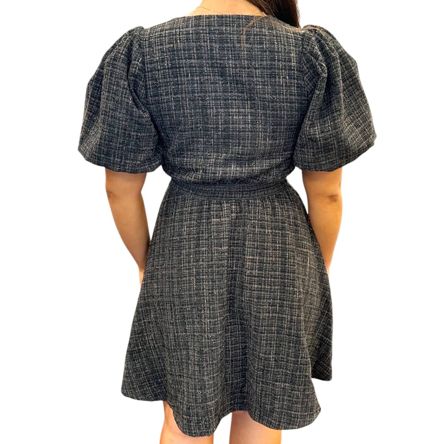 Meet Me In Santorini - Tweed Deep V Puff Sleeve Mini Dress