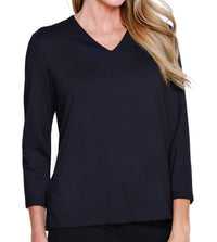 Multiples 3/4 Sleeve V Neck Top in black - women's long sleeve top