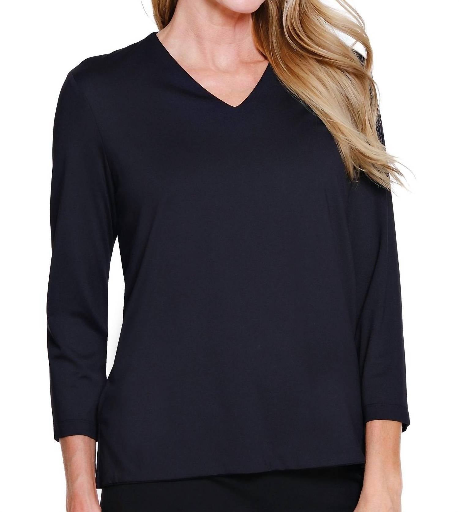 Multiples 3/4 Sleeve V Neck Top in black - women's long sleeve top