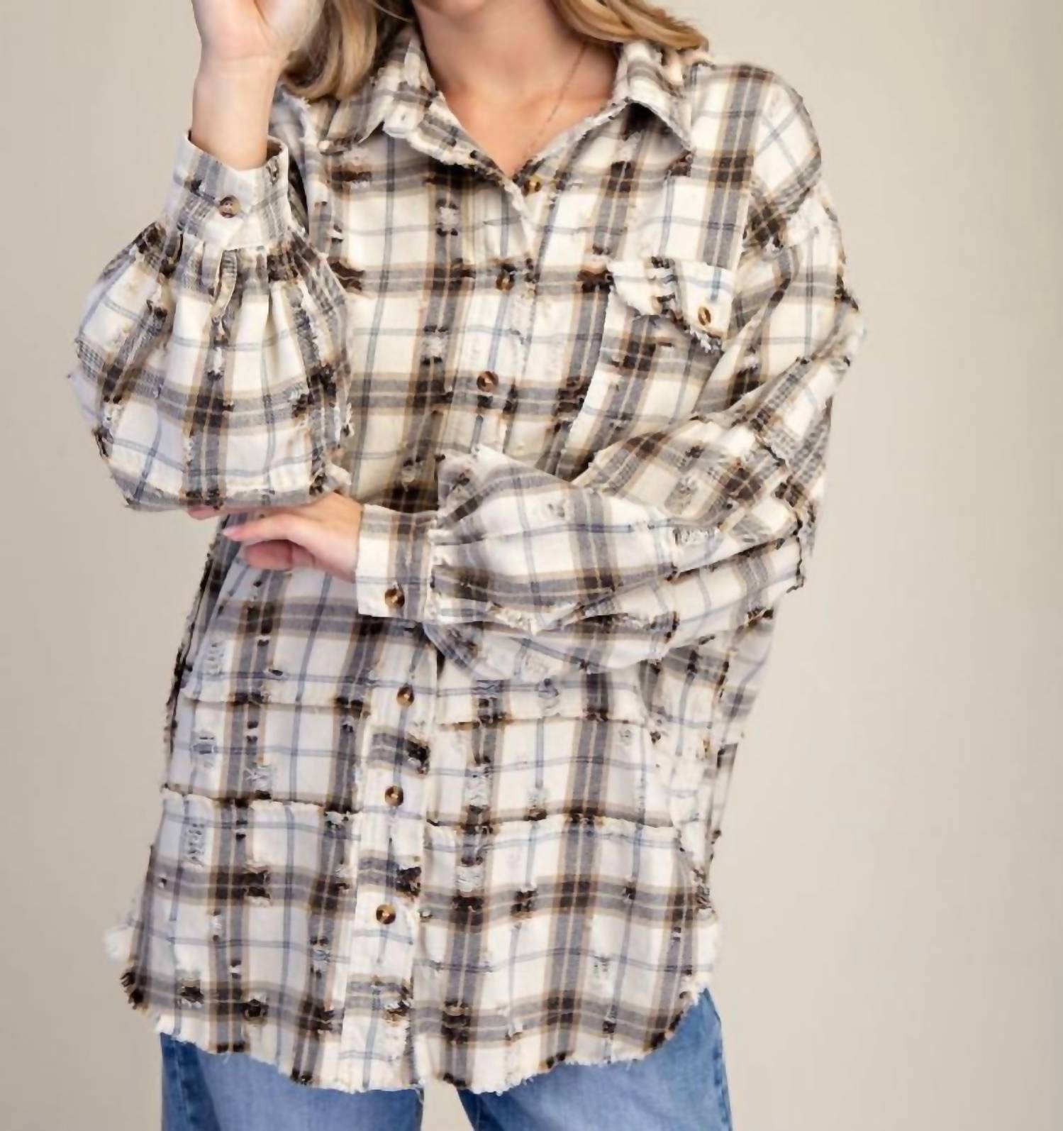 Easel Oversized Distressed Flannel Shirt in ecru - women's shirt