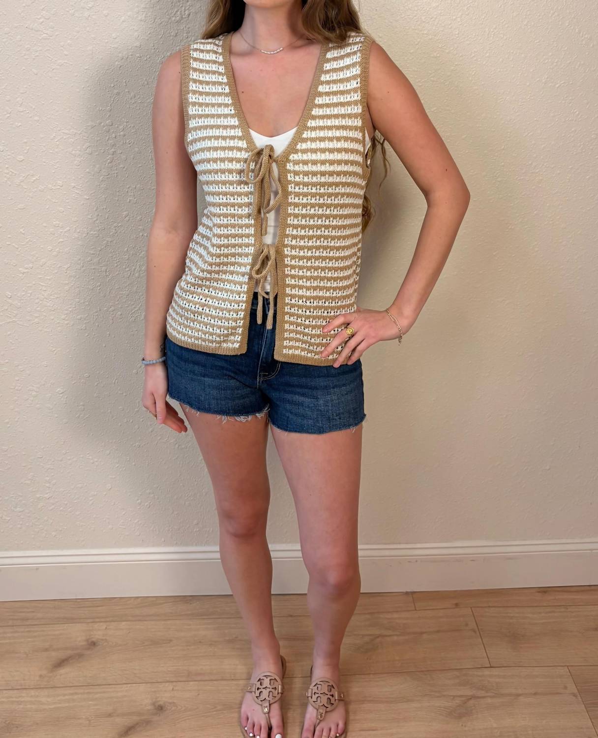 Staccato - Emmie Neutral Stripe Tie Front Knit Vest