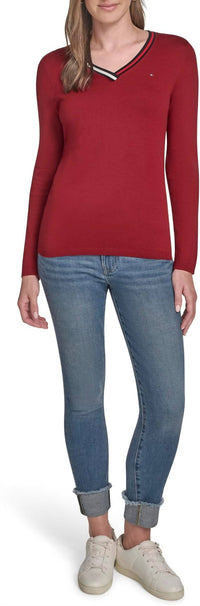 Tommy Hilfiger V-neck Long Sleeve Sweater With Striped Neckline in maroon - women's sweater - view 4