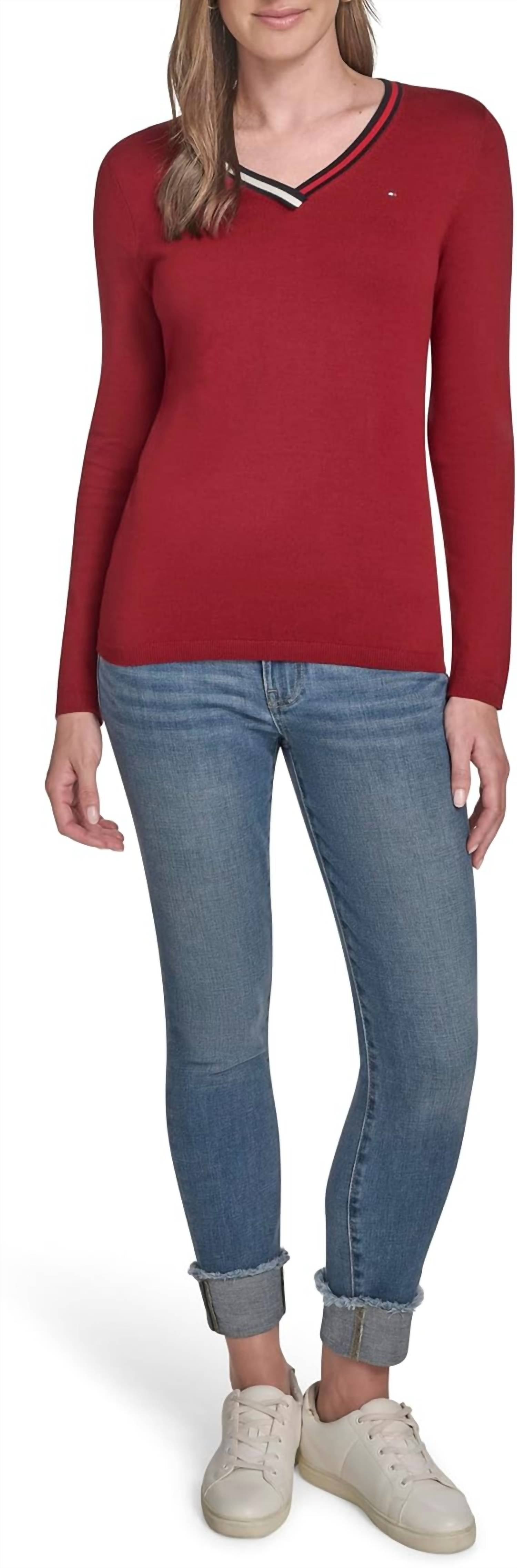 Tommy Hilfiger V-neck Long Sleeve Sweater With Striped Neckline in maroon - women's sweater - view 4