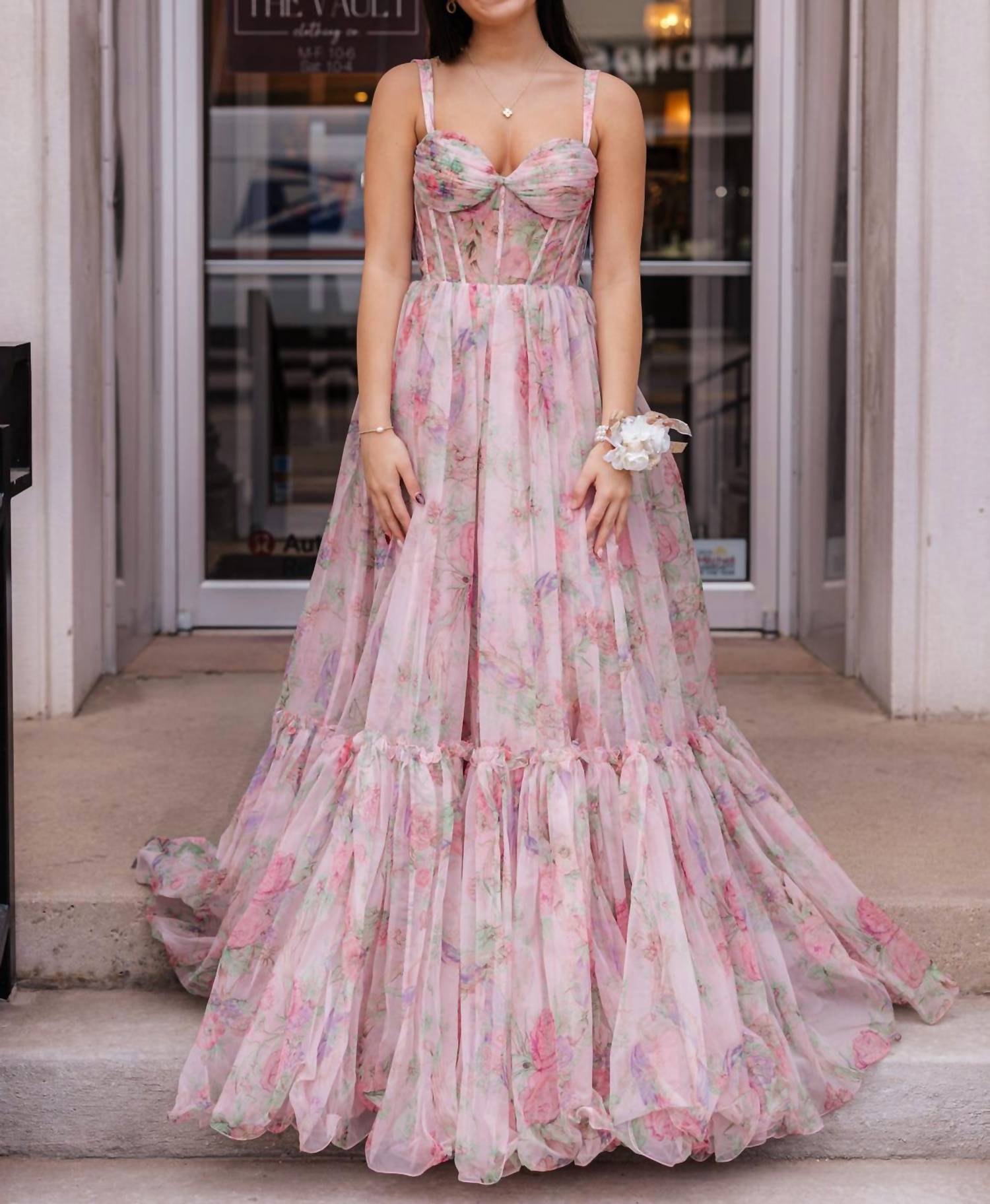 Sherri Hill Gorgeous Floral A-line Prom Dress in pink - women's dress - alternate view