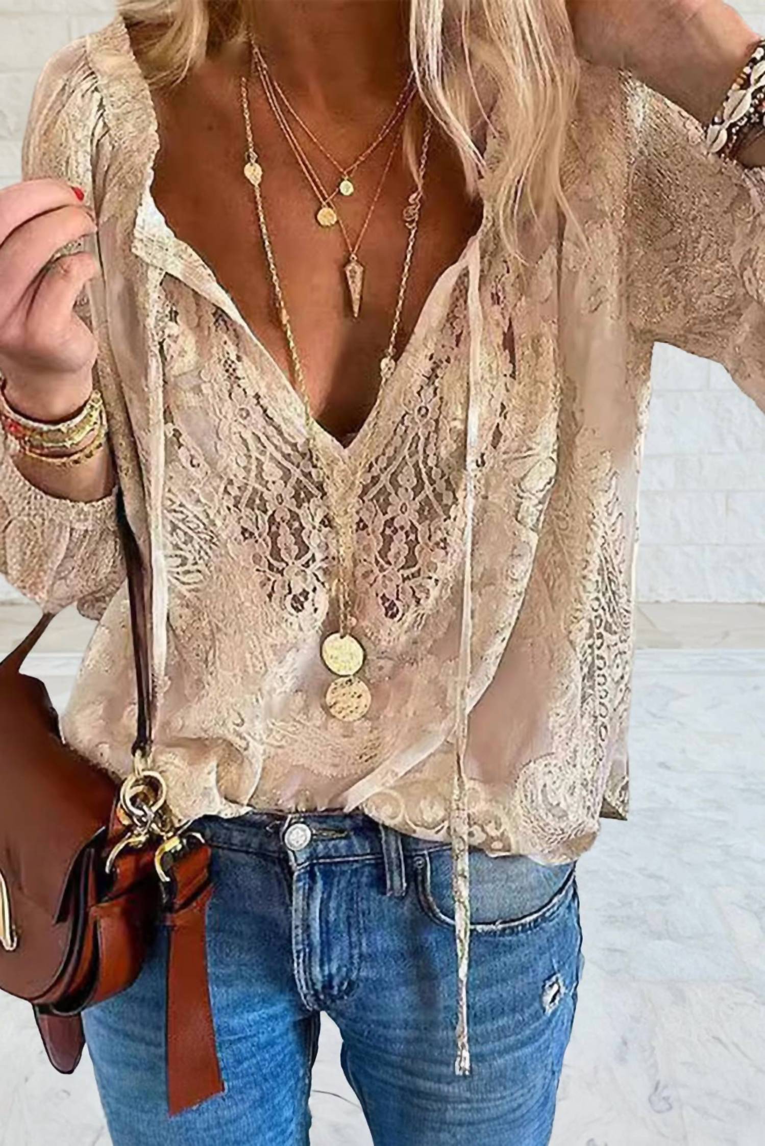 1 The Woman - Lace Long Sleeve Tie V Neck Blouse