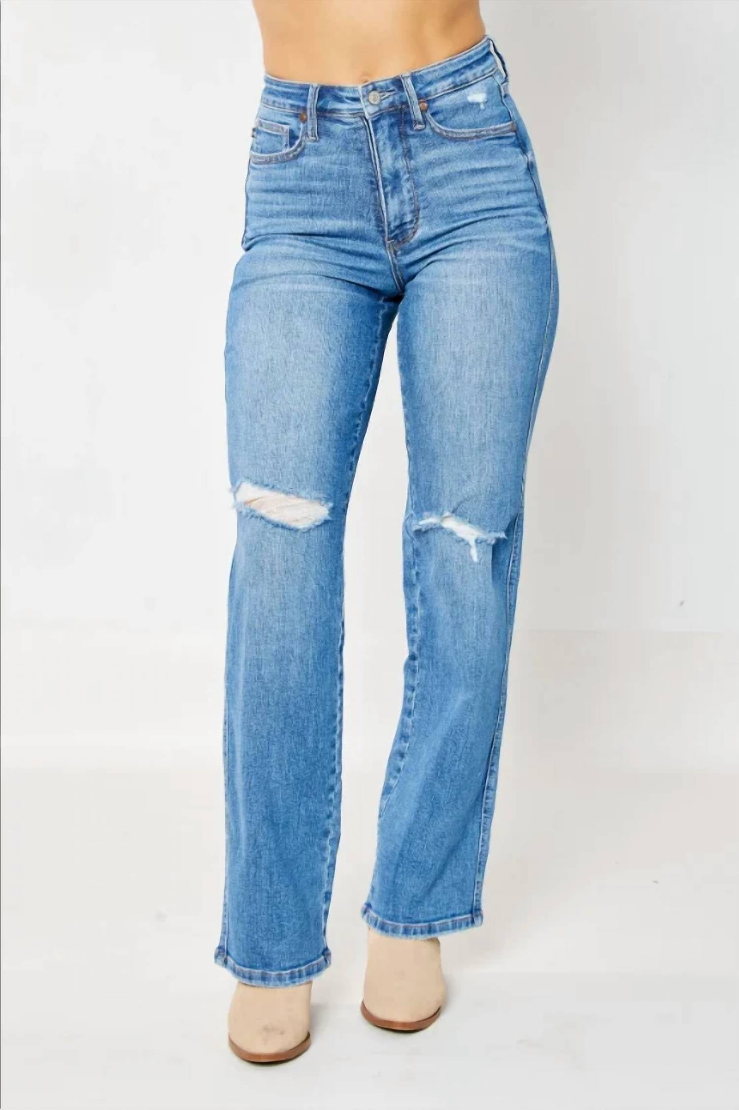 Judy Blue - Women's Leo Tummy Control Destroy Knee Straight Denim Jeans