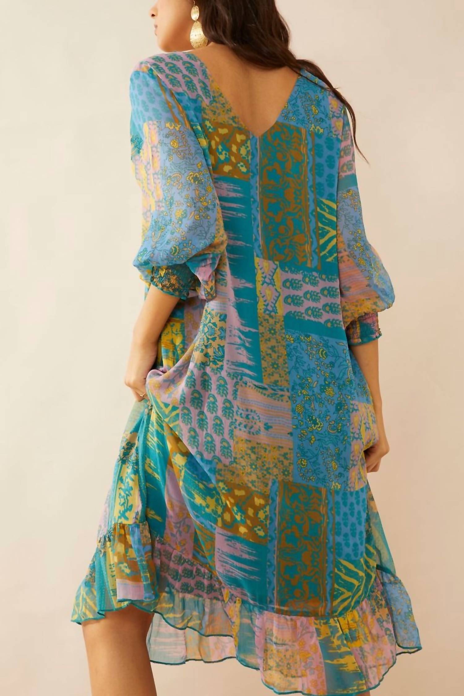 Bohera - Vibrant Patchwork Print V-Neck Dress