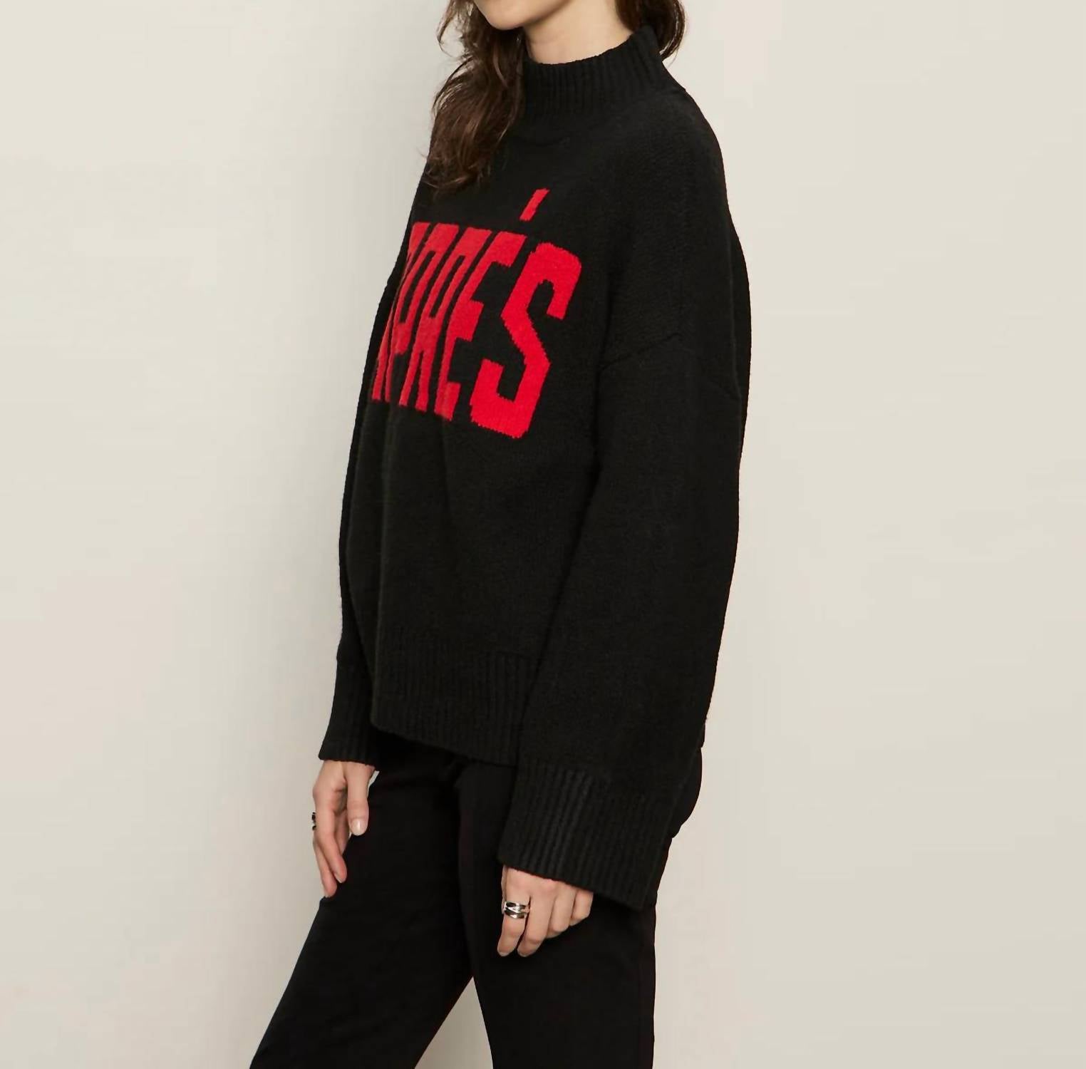 Sanctuary Apres Intarsia Hi Mock F Logo Sweater in black with mars red - women's sweater - detail view