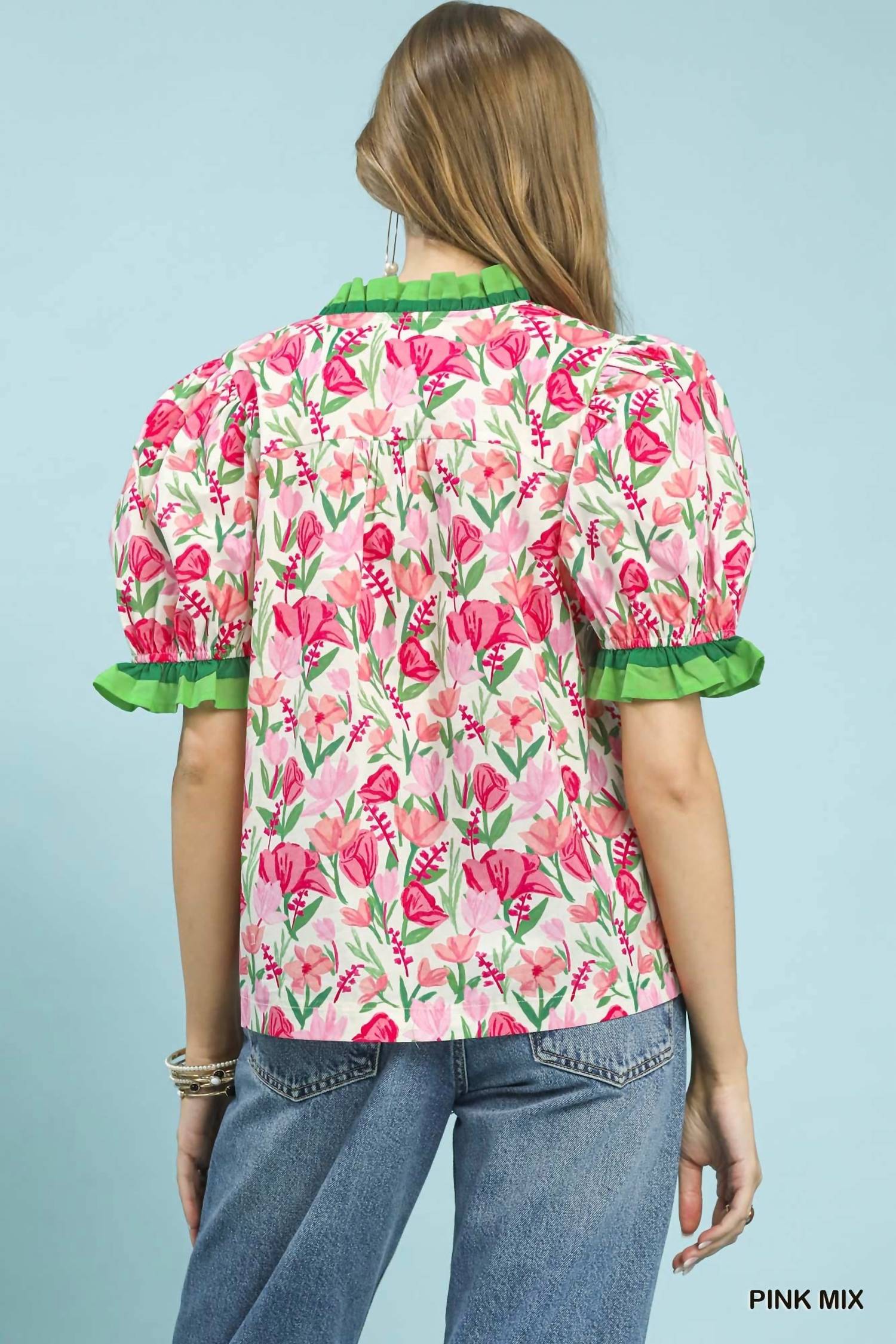 Umgee - Floral Ruffle Trim Puff Sleeve Blouse