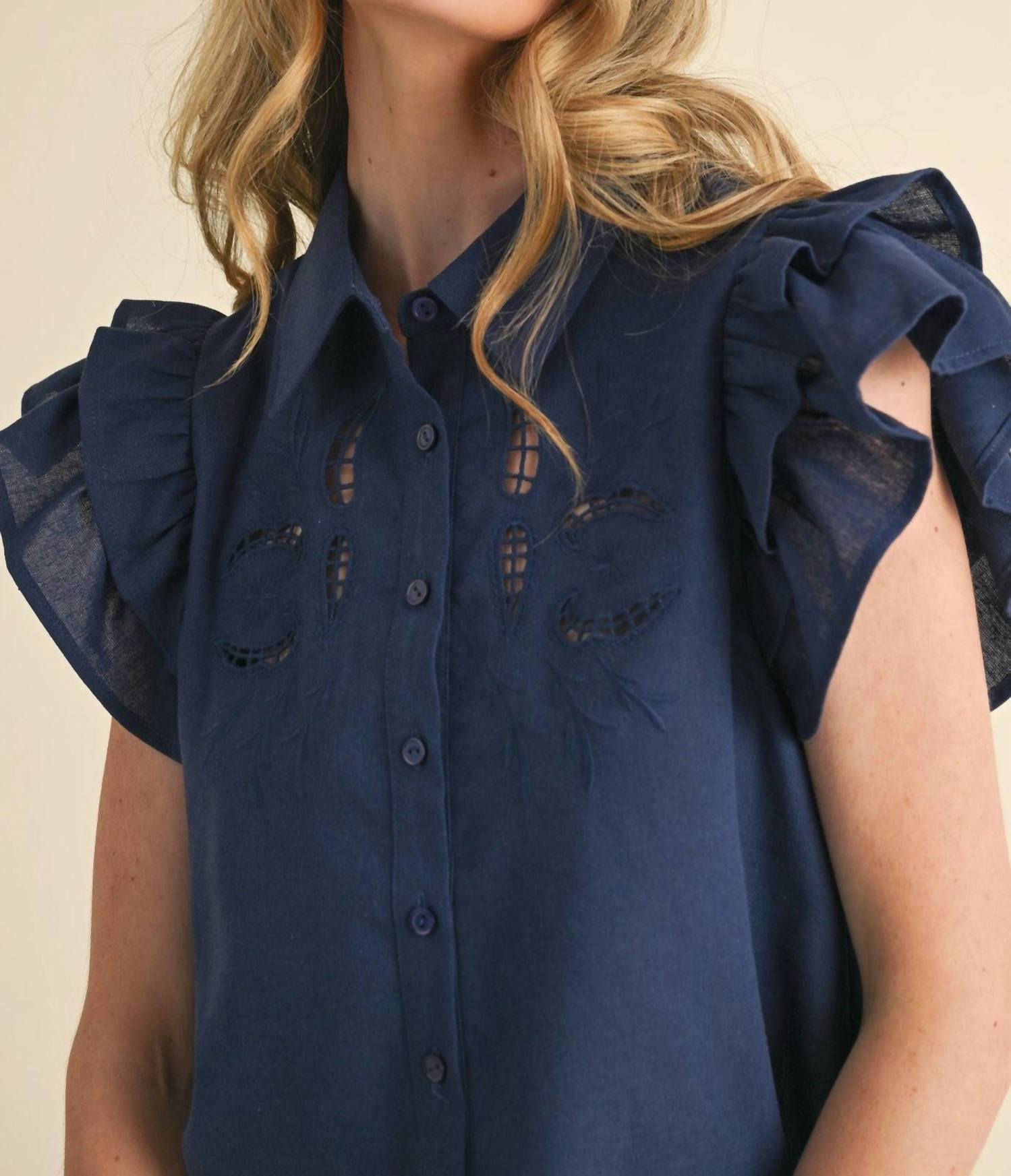 Merci - Embroidered Cut Out Button Down Top