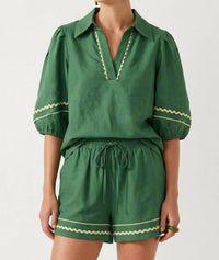 Naked Zebra - Contrast Trim Puff Sleeve Linen Blouse