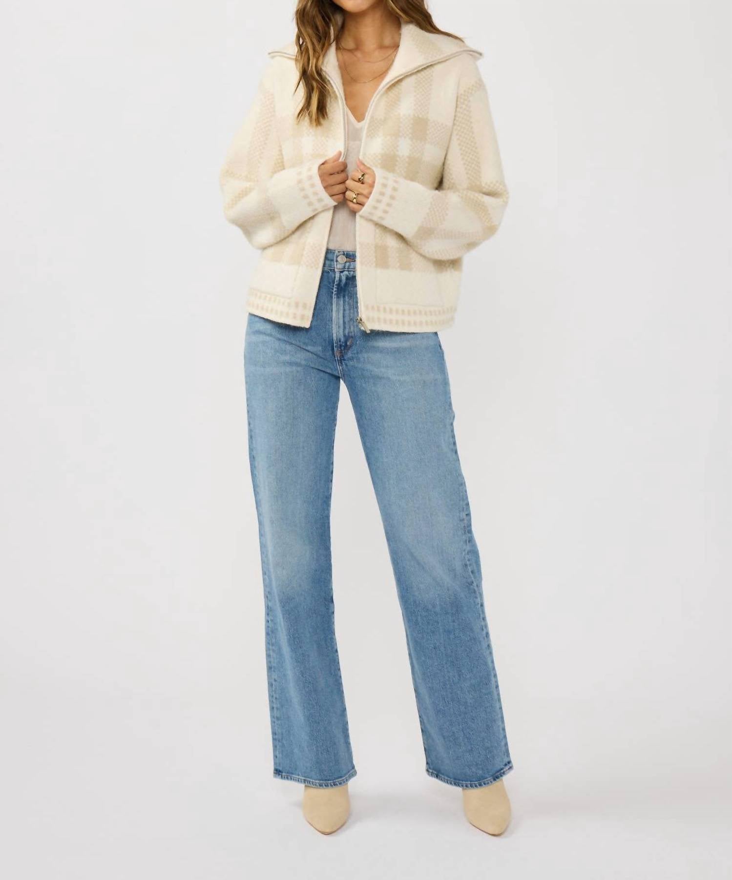 Lovestitch - Plaid Knit Zip-up Bomber Jacket