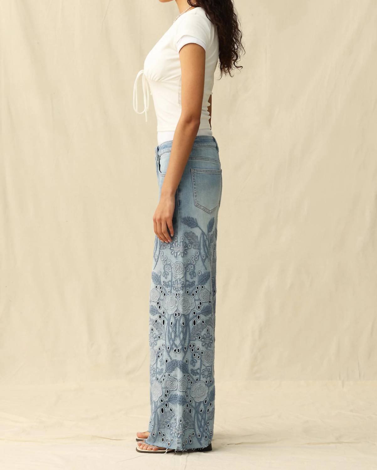 Bayeas - High Rise Eyelet And Embroidery Wide Leg Jeans