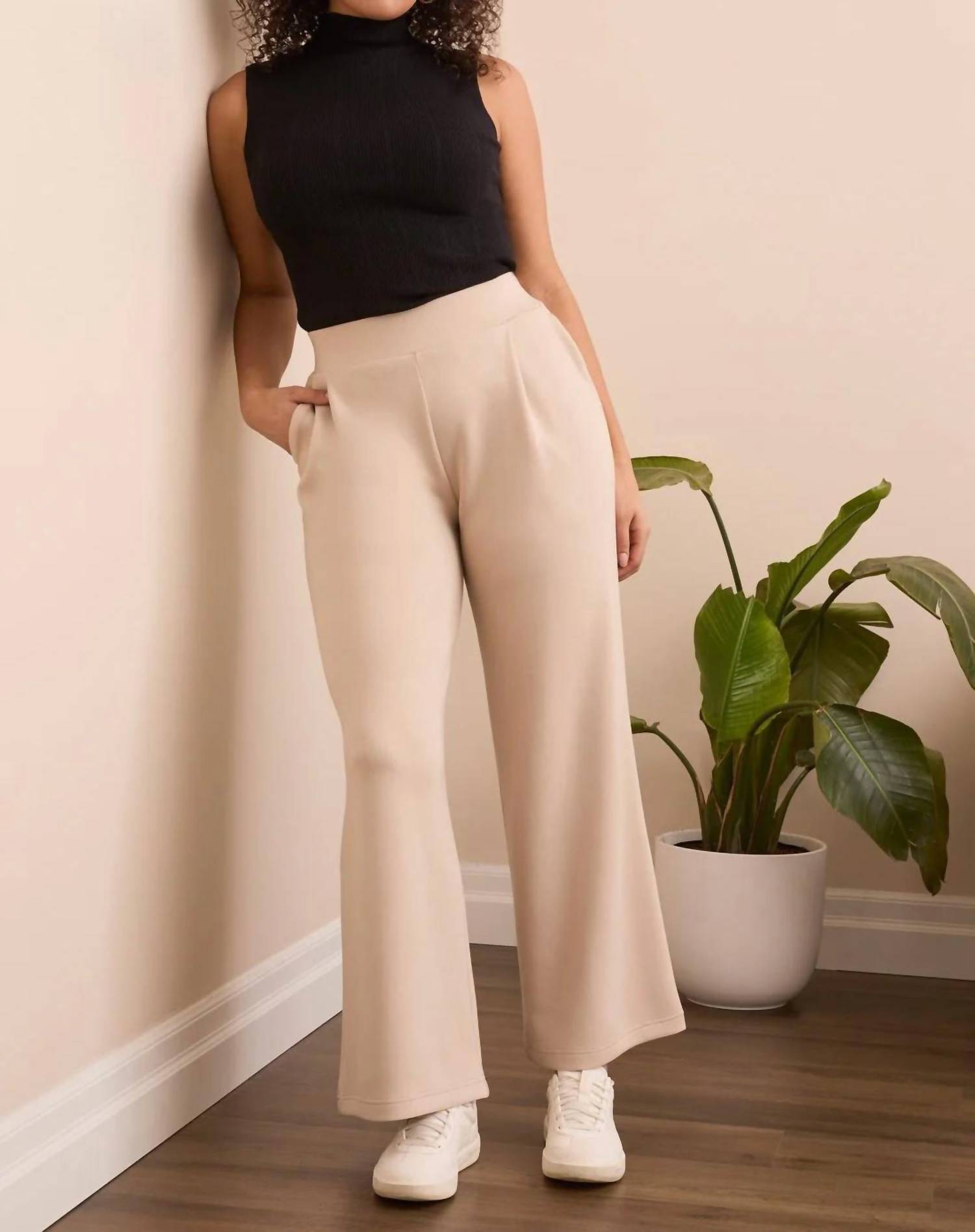 TRIBAL Techno Lux Wide Leg Pull-on Pants in sandstone - women's pants - detail view