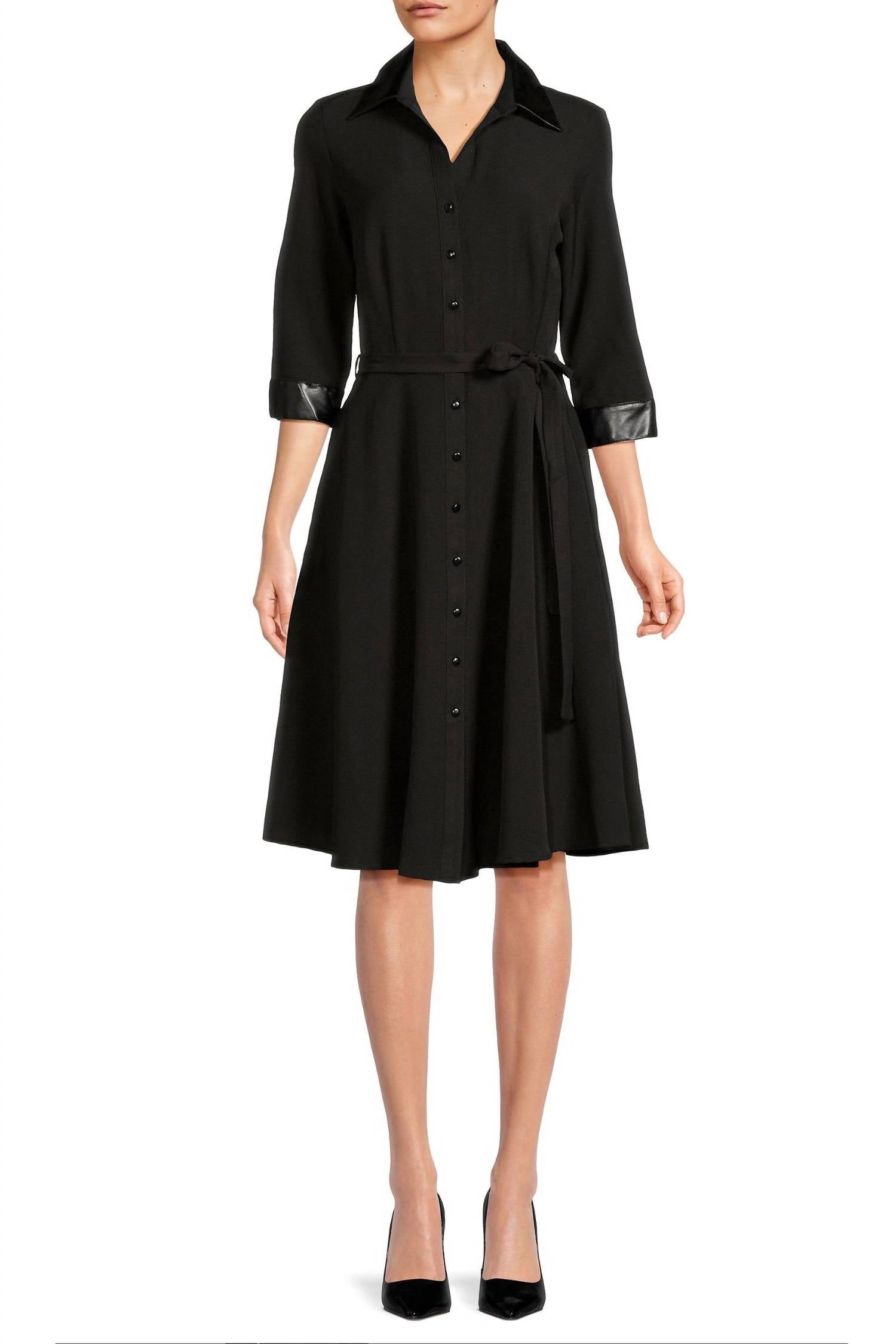 Sharagano - Pointed Collar 3/4 Sleeves Belted Stretch Crepe Dress