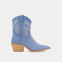 SHU SHOP Women's Zahara Block Heel Western Boot in denim - women's shoe - detail view