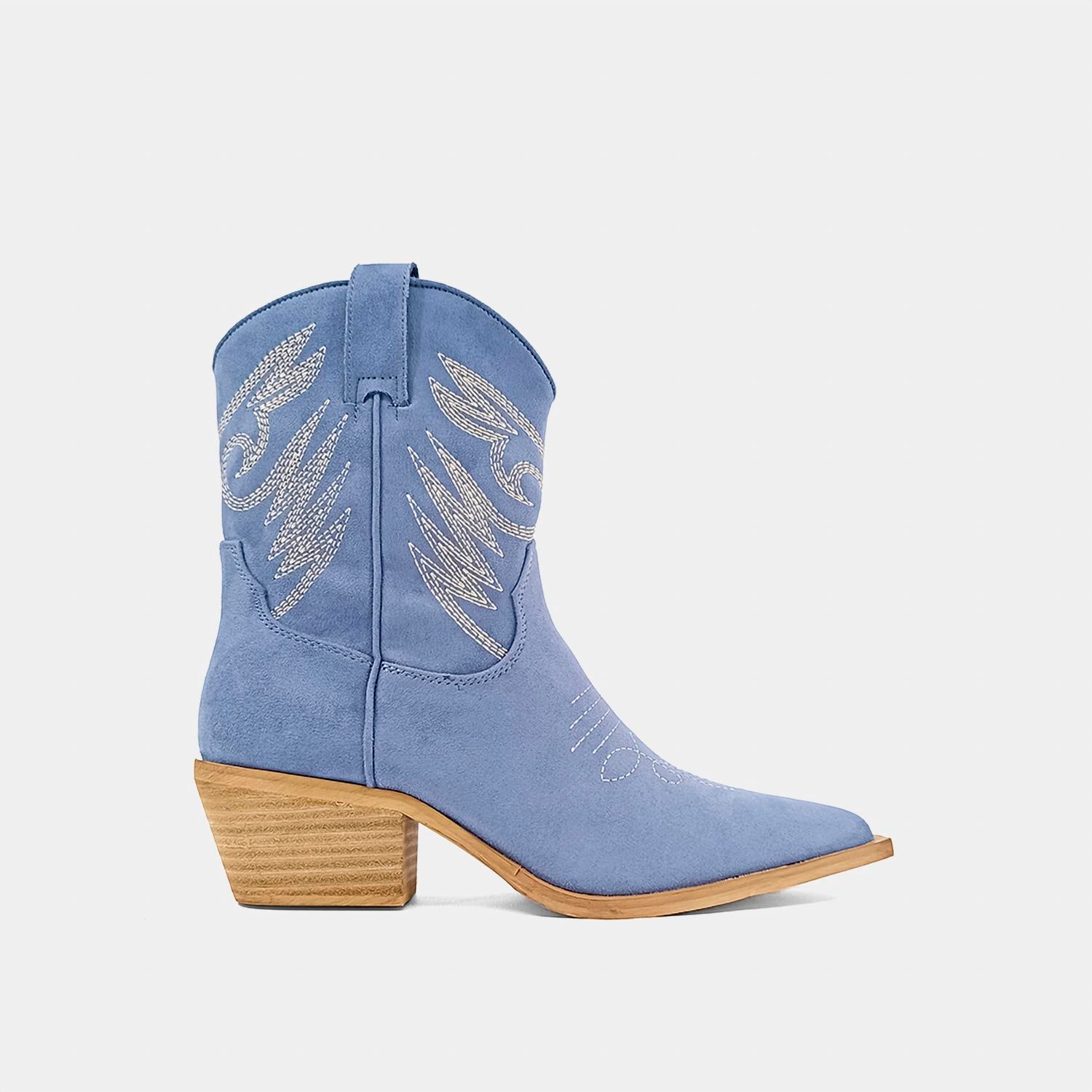 SHU SHOP Women's Zahara Block Heel Western Boot in denim - women's shoe - detail view