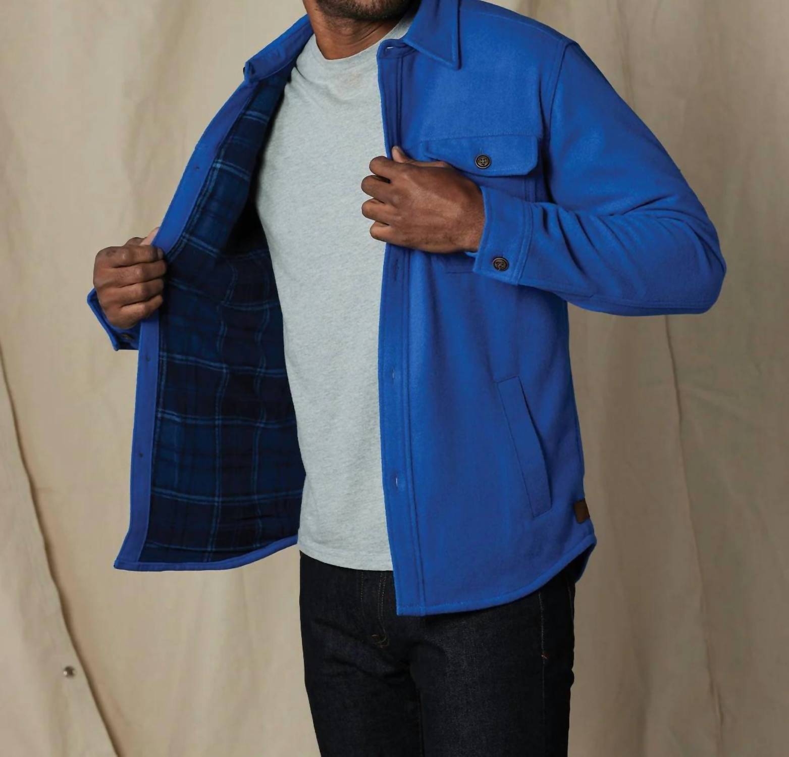 The Normal Brand Brightside Flannel Lined Workwear Jacket in cobalt - men's shirt - detail view