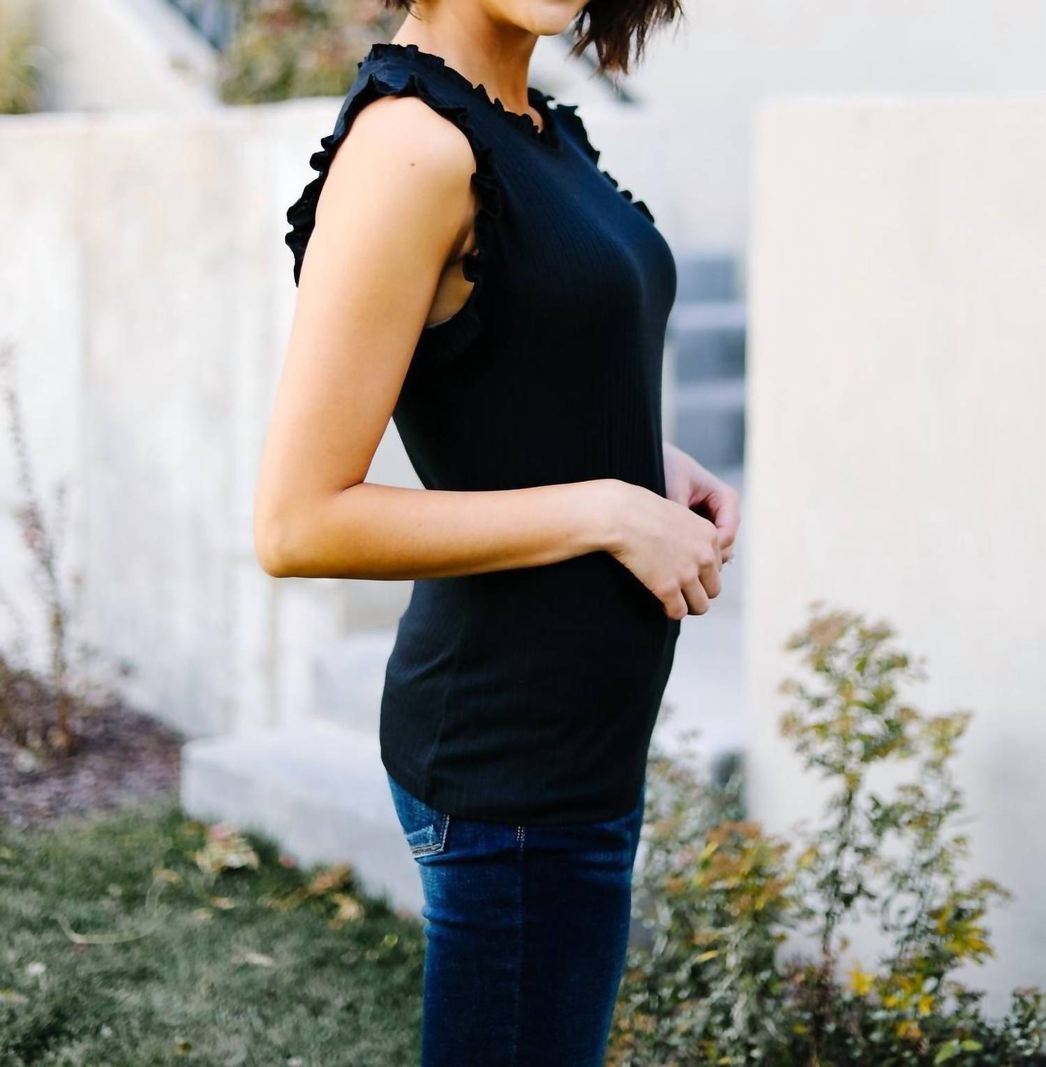 Hayden LA Ruffled Mock Neck Sleeveless Top in black - women's t-shirt - alternate view
