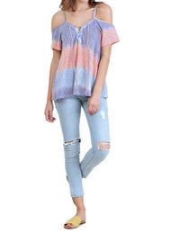 Umgee - Lace Up Cold Shoulder Color Block Top