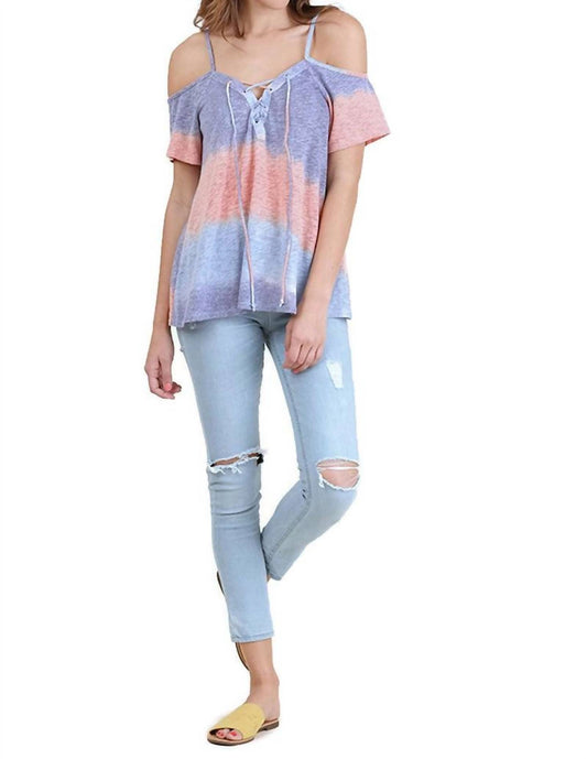 Umgee - Lace Up Cold Shoulder Color Block Top