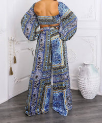 Surelymine - Bold Baroque Print Two-piece Set Tie Front Crop & Wide Pants