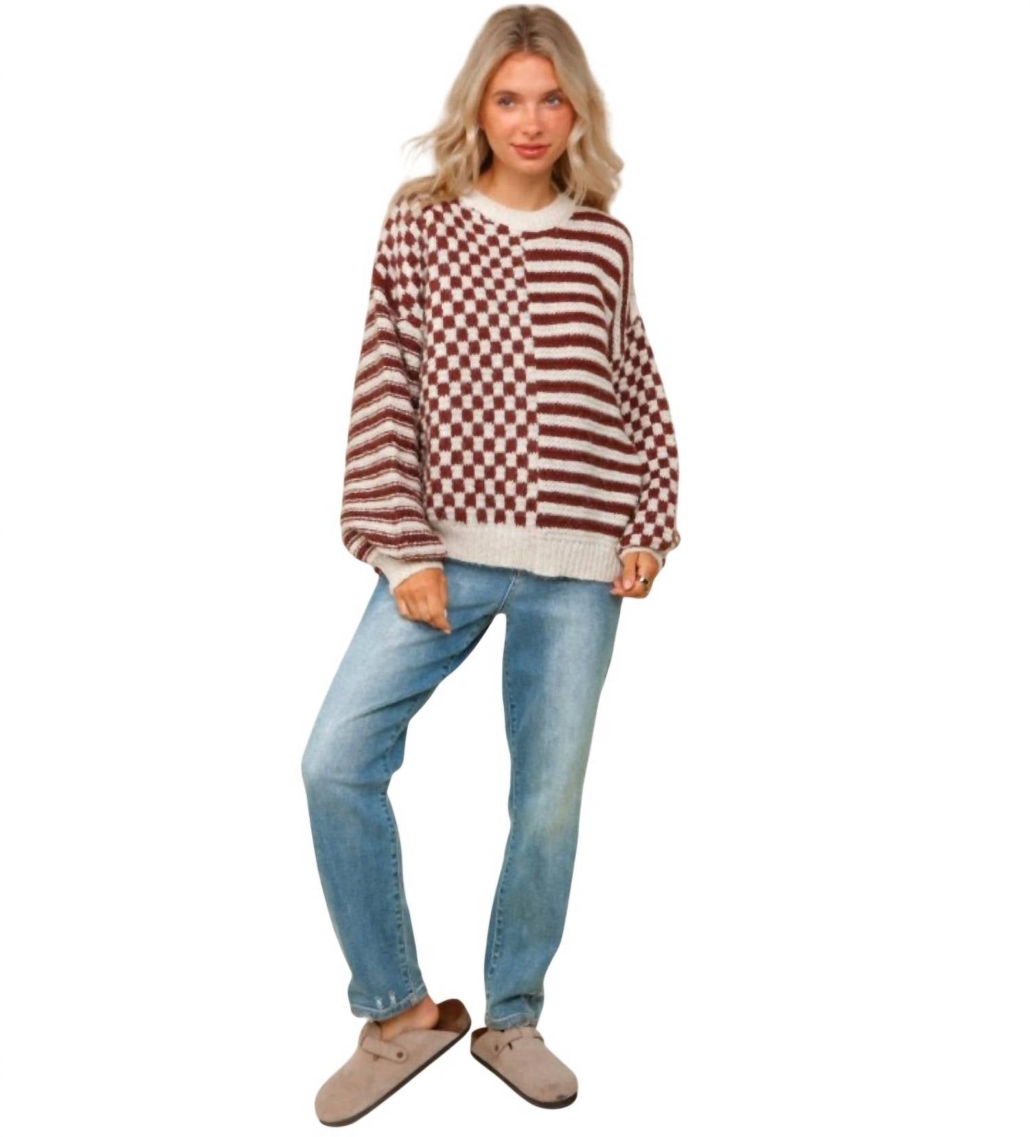 Haptics - OVERSIZE CHECKER STRIPE PULLOVER SWEATER TOP - PLUS