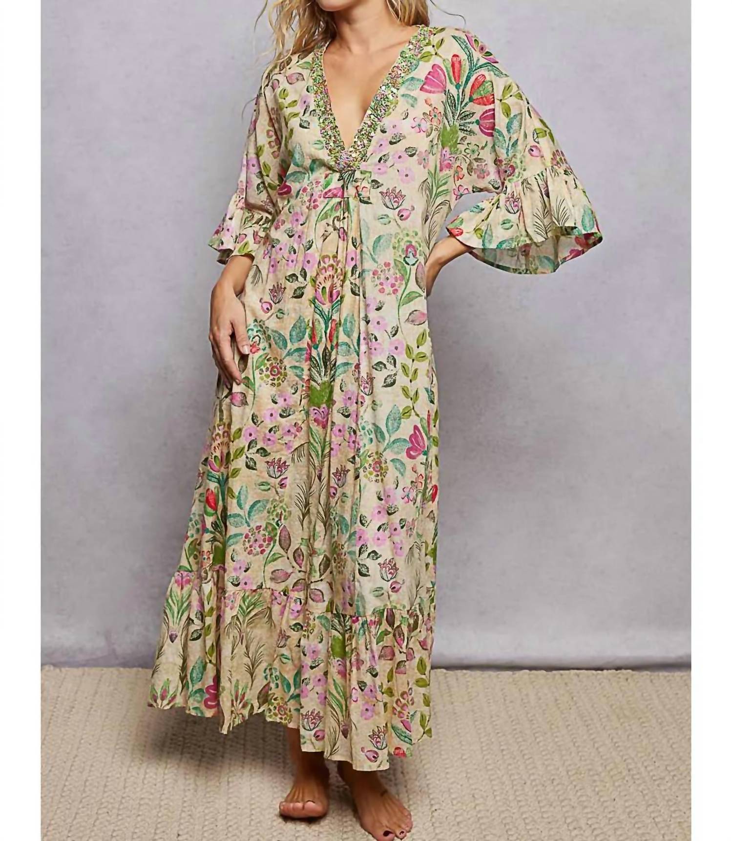 Pol - Women's Miami Deep V-neck Beaded Ruffle Maxi Dress