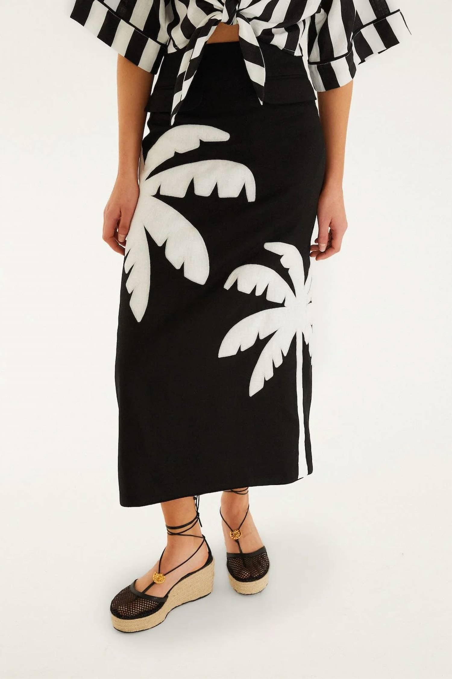 Farm Rio - Embroidered Palm Tree Maxi Skirt
