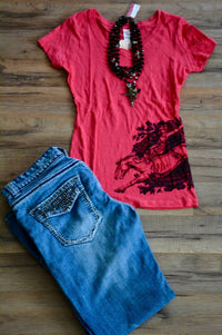 Original Cowgirl Clothing Ridem' Cowgirl Burnout Tee in pomegranite - women's t-shirt - detail view