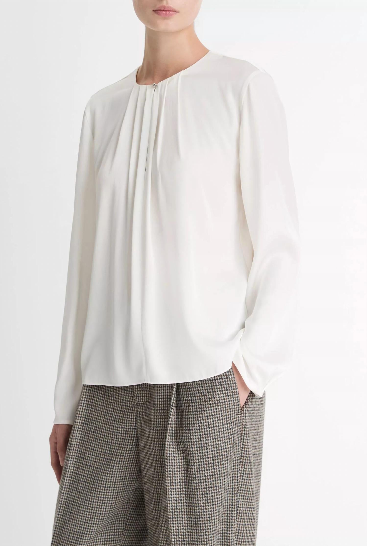 Vince Pleated Neck Long Sleeve Blouse in off white - women's blouse - detail view