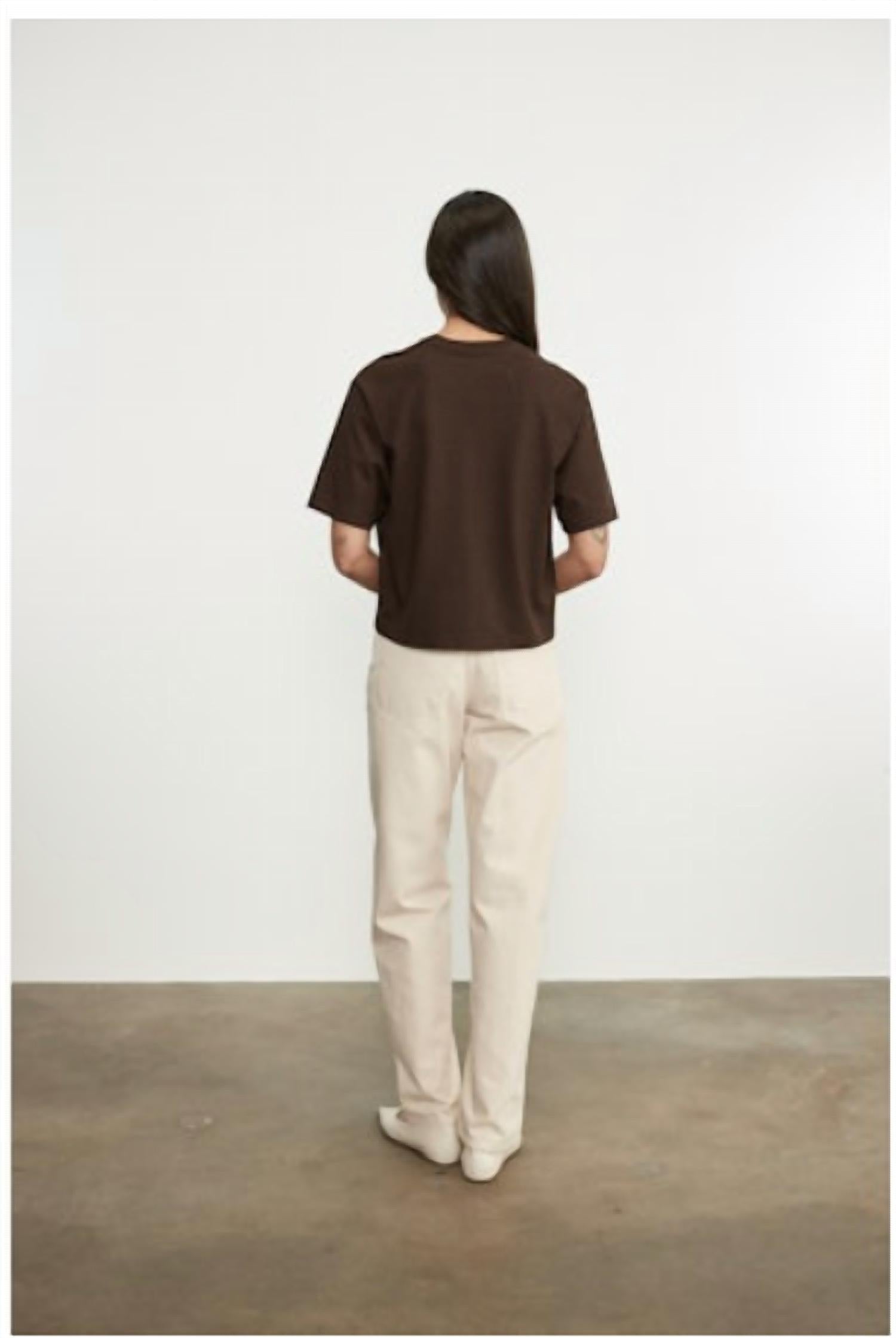 Enza Costa Short Sleeve Supima Structured Tee in coffee bean - women's t-shirt - detail view