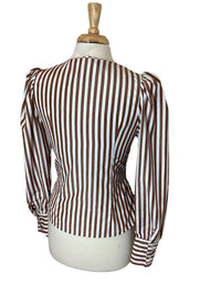 Tea & Cup - Women's Striped Tie Waist Zip Front Puff Sleeve Blouse