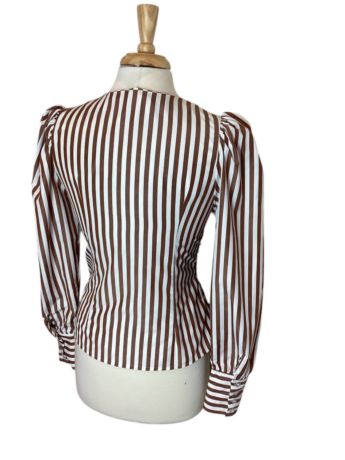 Tea & Cup - Women's Striped Tie Waist Zip Front Puff Sleeve Blouse